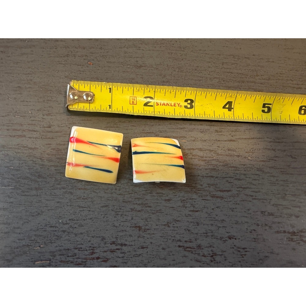 Vintage Mid Century Modern Enamel Clip On Earrings Square Cream Red Blue Striped